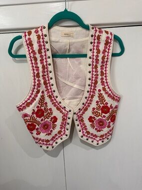 Spell Embroidered Floral Vest in White with Pink & Red
